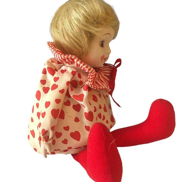 Vintage Valentine’s Day Heart Clown Shelf Sitter Musical Porcelain Girl Doll - Picture 5 of 9